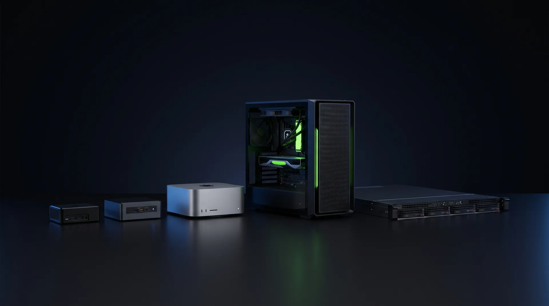 The TechFides hardware range — Raspberry Pi edge node, mini PC, Mac Studio, NVIDIA GPU workstation, and rack server