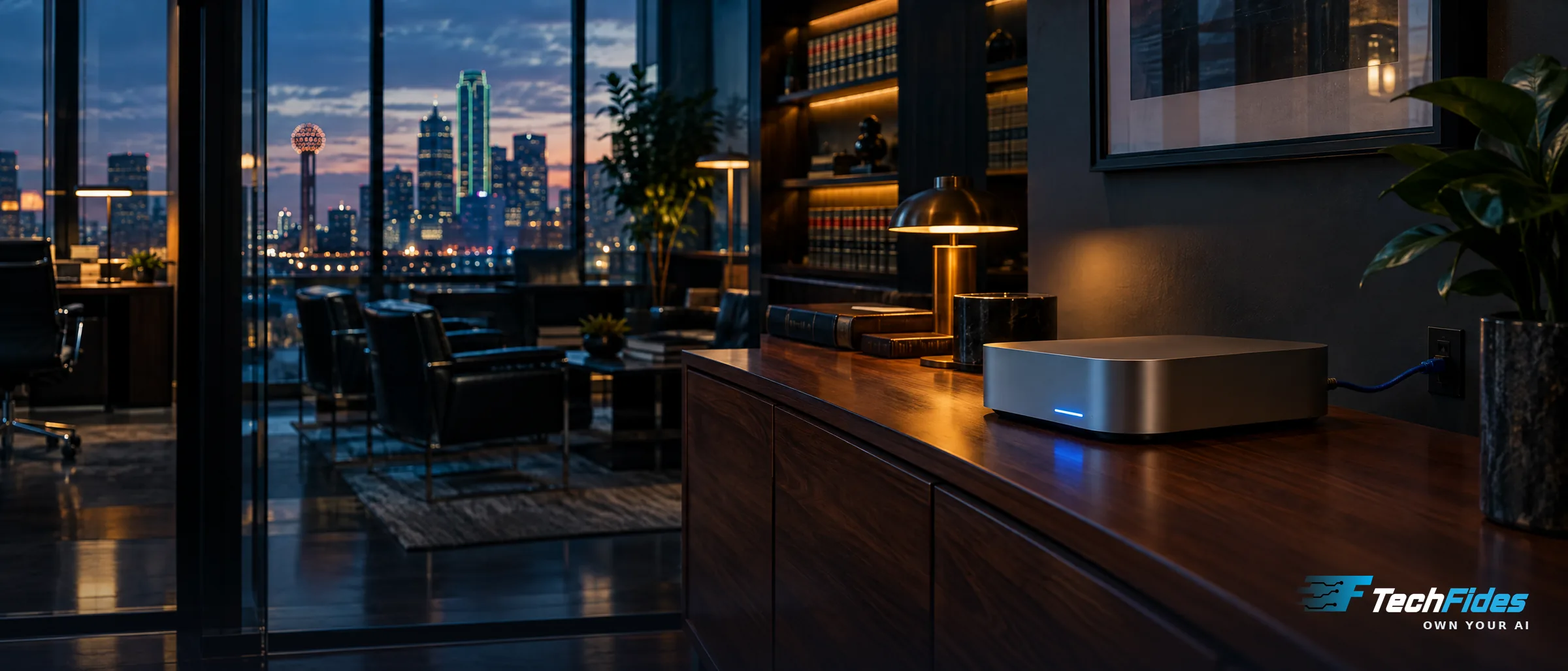 A compact AI computer glowing on an office credenza at night, with the Dallas skyline behind it