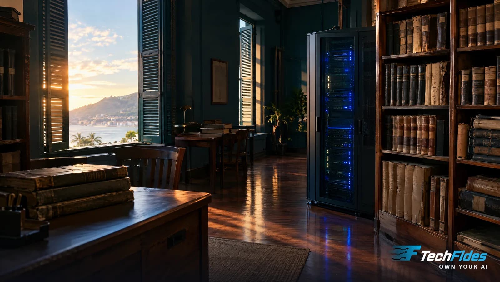 A government records office at dawn with a modern server cabinet beside shelves of old bound ledgers