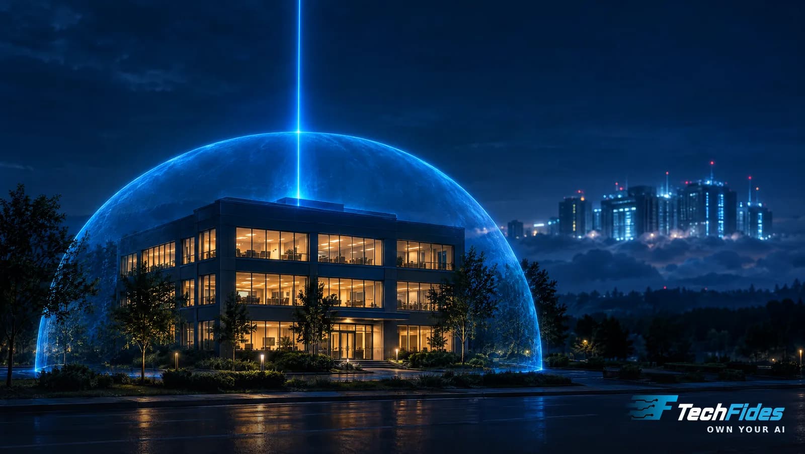 An office building at night inside a blue protective dome, with one thin beam of light leaving upward